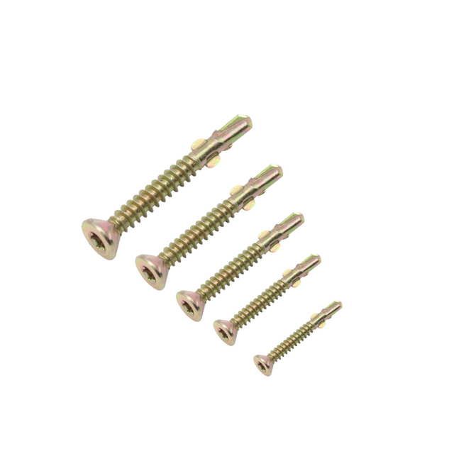 Gelbe, verzinkte, selbstbohrende Tek-Schraube mit Torx-Antrieb, flachem Senkkopf und Flügeln