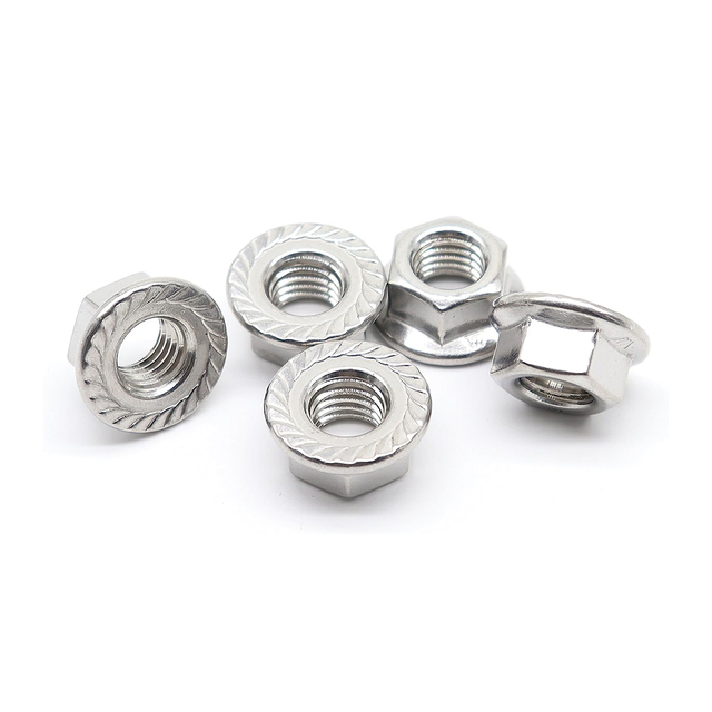 Gezahnte Sechskant-Flansch-Sicherungsmuttern aus Edelstahl. Sechskant-Flanschmuttern